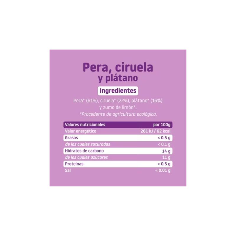 Potito Pera Ciruela Platano 6M SinGluten Eco 130g Smileat