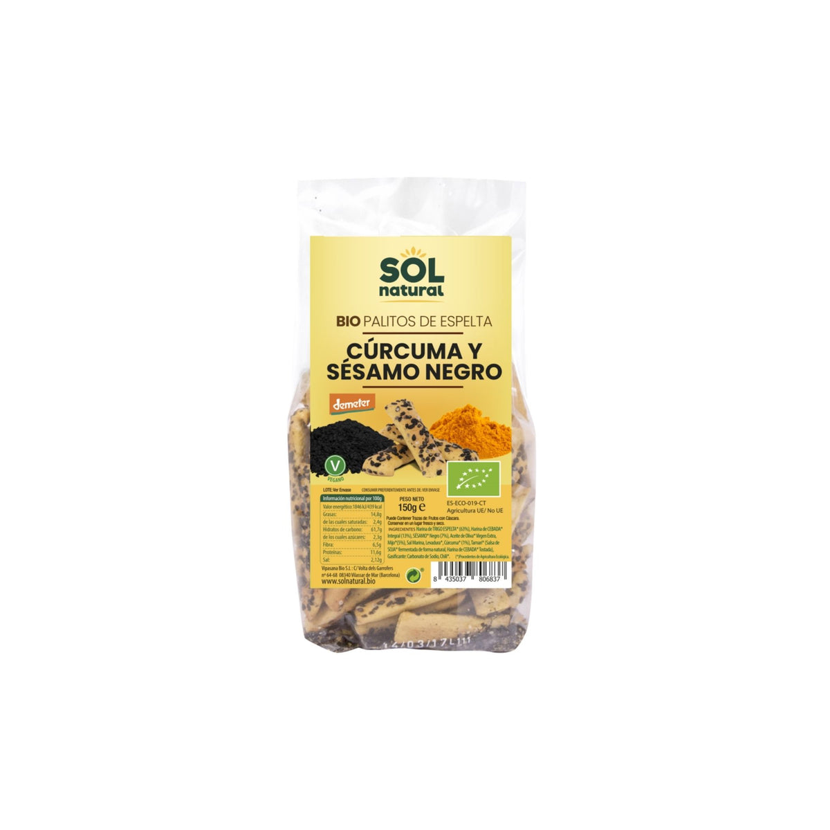 Palitos Espelta Curcuma y Sesamo Negro Bio Vegan 150g Solnatural